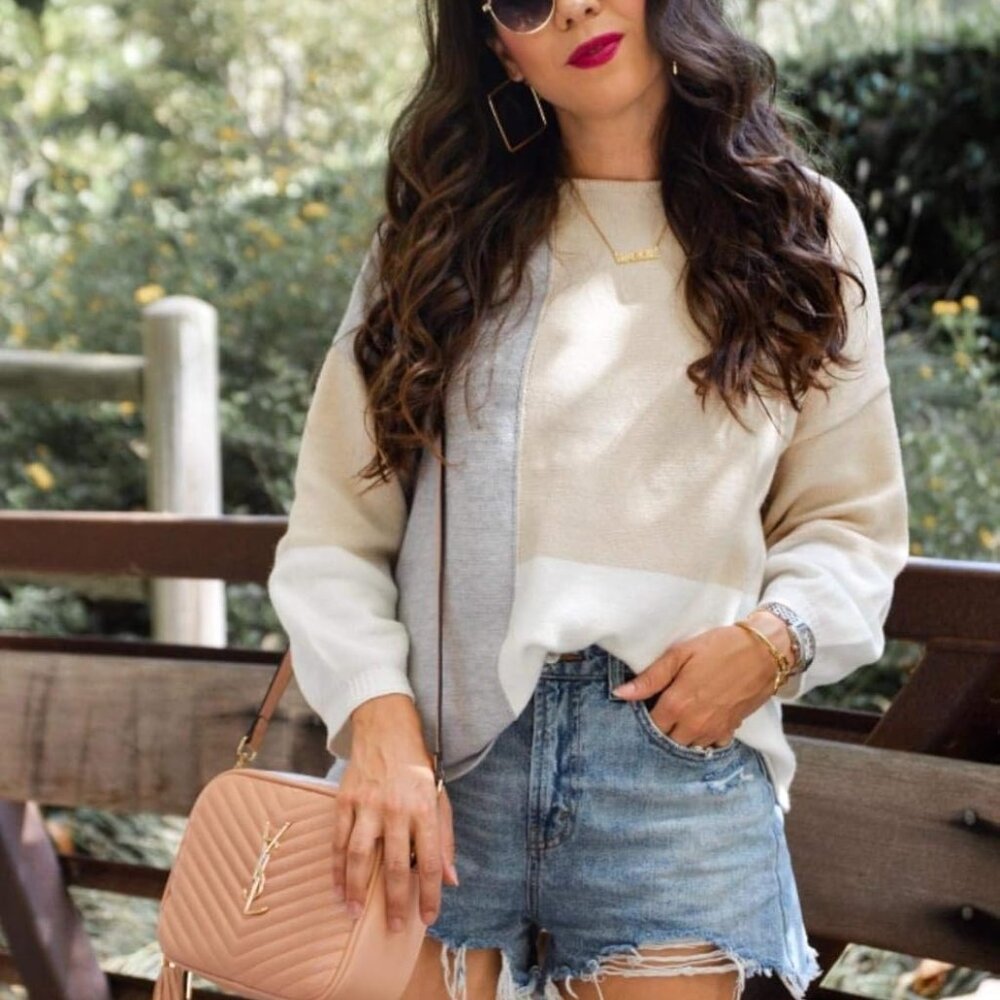 Women Sweater Long Sleeve Color Block Knit Pullover Sweaters Crew Neck Patchwork - Picture 8 of 9